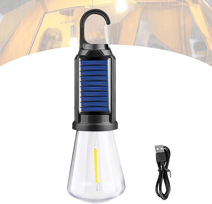 Solar Camping Lights Outdoor Waterproof - 3 Mode Portable LED Lantern with Solar/USB Charging, Hanging Hook for Camping, Hiking, Emergency, Backpacking, Tents (Flat Bottom)
