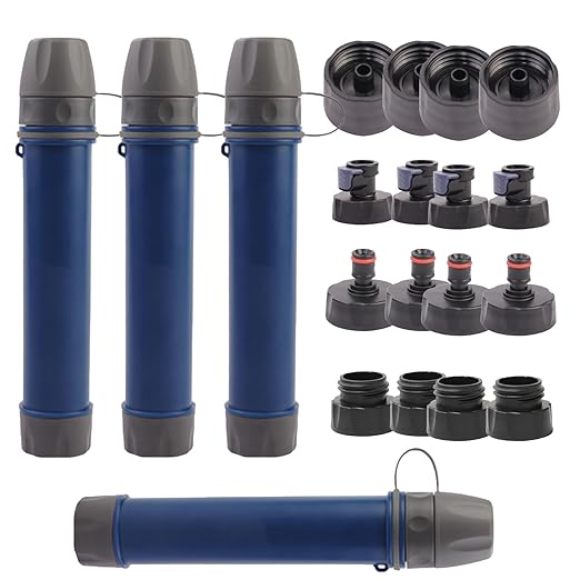4 Pack Survival Water Filter Straw for Hiking & Camping, 2025 Personal Portable Water Purifier, 3000L Long Life, Includes Bottle & Hydration Bladder Adapters (4, Dark Blue, 3x3x19.3cm)