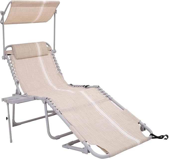 #WEJOY Tanning Chair with Face Hole & Canopy & Side Table, 5 Positions Adjustable Sunbathing Lounge Chair Facedown Chaise Lounge with Pillow Quick Dry for Beach Pool Outdoor Camping Patio,Khaki