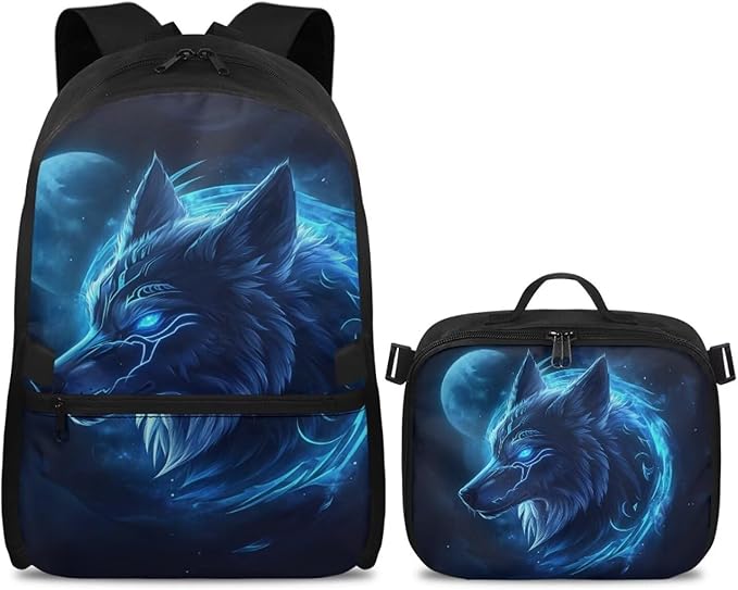 Moon and Wolf Backpack for Men Lightweight Bookbag with Lunch Box Set Wear-resistant School Bag for Outdoor Travel Casual Book Bag Rucksack