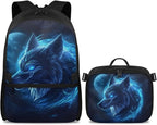 Moon and Wolf Backpack for Men Lightweight Bookbag with Lunch Box Set Wear-resistant School Bag for Outdoor Travel Casual Book Bag Rucksack