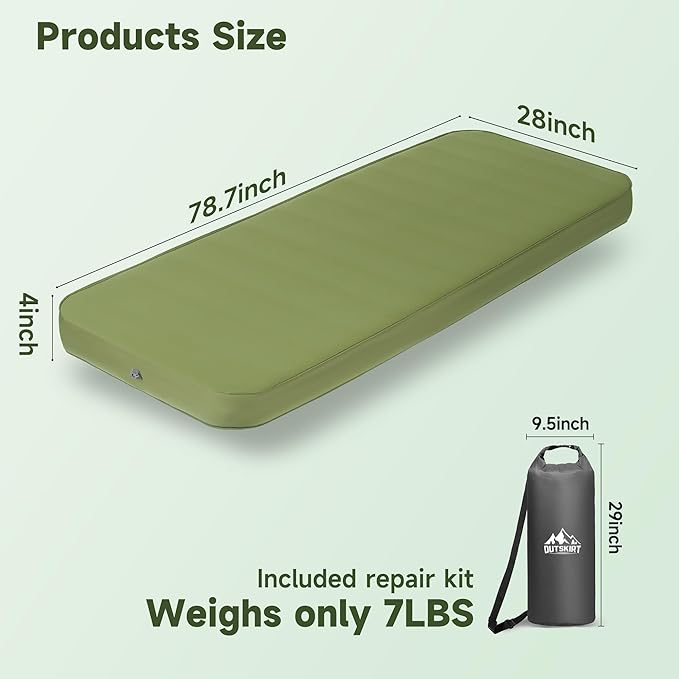 OUTSKIRT Camping Mattress, Self Inflating Sleeping Pad with Pump Sack, Foam Camping Pad for Sleeping, 4” Thickness Sleeping Mat for Camp/Travel/Car/Tent, 4 Season Camp Air Mattress