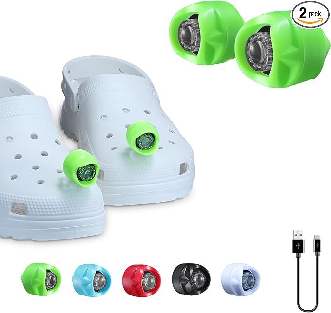 RAHAN Rechargeable Flashlights Compatible with Croc,2 PCs Flashlights Attachment for Shoe, LED Clogs Light with 3 Light Modes for Dog Walking, Camping, Running, Suitable for Adults Kids, Green