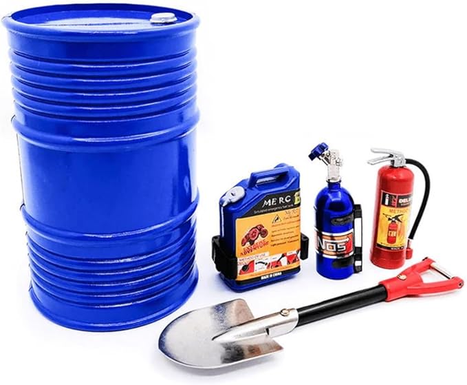 FMS Simulation Mini Micro Scale Model Mini Oil Drum, Fuel Tank, Nitrogen Bottle, Fire Extinguisher, Shovel Decoration 5pcs for 1/6 1/10 RC Car Decoration Fake Props Accessory for RC Crawler Car