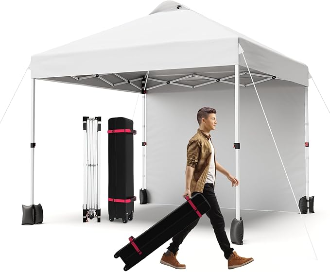 10x10ft Pop Up Canopy Tent with 1 Sidewall, Portable Instant Commercial Canopy Patio Tent with Vented Top Roller Bag 4 Sandbags 4 Ropes and 8 Tent Stakes, White