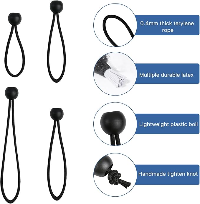 100 Pcs Bungee Cords with Ball, Small Bungee Cords Assorted Sizes with 4, 6, 8, 11 Inch, Heavy Duty UV Resistant Shock Cords, Elastic String Ties for Camping, Tent, Tarp and Canopy Shelter