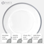 PARTY BARGAINS 13-Inch Charger Plates - 16 Pack, Clear Silver Rim, Heavy-Duty Disposable Chargers for Elegant Dining - Ideal for Weddings and Formal Events