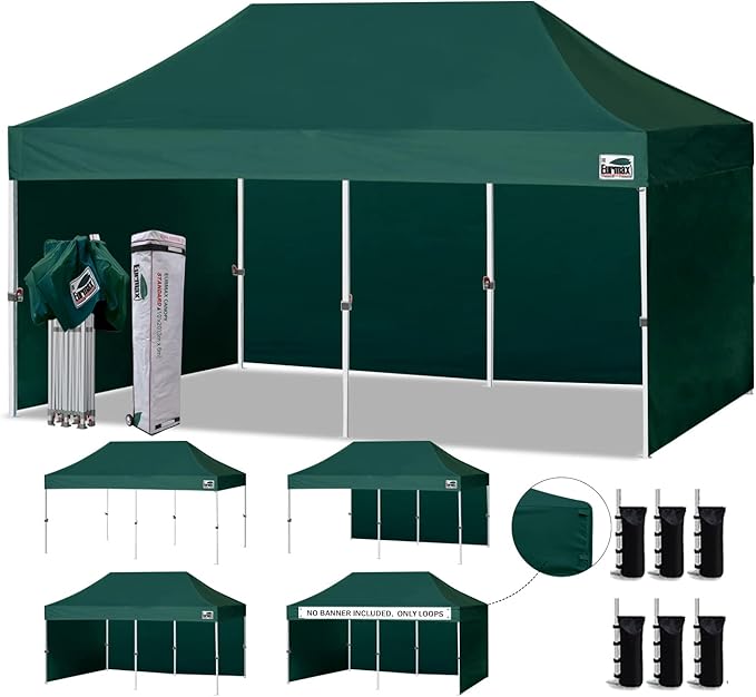 Eurmax USA 10'x20' Pop-up Canopy Tent Commercial Instant Canopies with Removable Side Wall Kit and Roller Bag, Bonus 6 SandBags(Forest Green)
