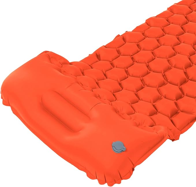 Camping Sleeping Pad Mat Foot Press Inflatable Cushion Mattress, Durably 40D Nylon TPU Laminate, Lightweight 700g, Compact Folding Size for Tent Hiking Travel (Orange)
