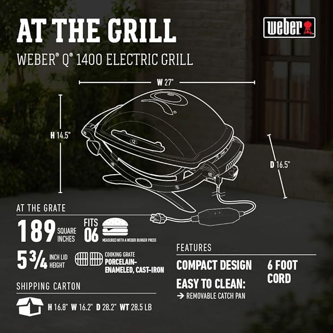 Weber Q1400 Electric Grill, Gray – Portable 1560‑Watt Outdoor Electric BBQ with Porcelain‑Enameled Cast‑Iron Grates – Compact Balcony & Patio Grill with Infinite Control Settings
