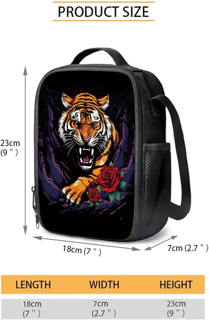 Tiger and Roses Printing 3 Pcs Boys Backpack Set, Matching Large Capacity Lunch Box and Dirt-resistant Pencil Case for Elementary School Students Travel Activities Outdoor