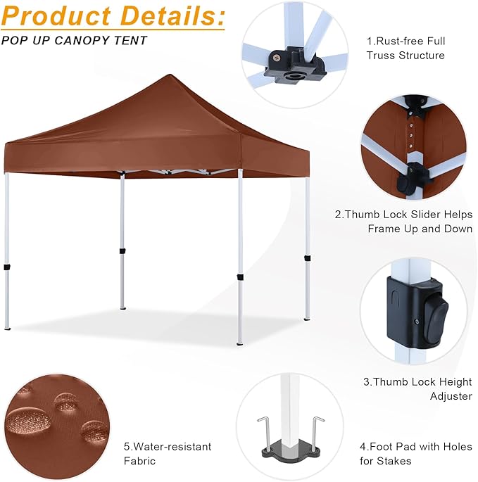 HLong 10x10 Heavy Duty Pop-Up Canopy Tent Commercial Grade, Brown