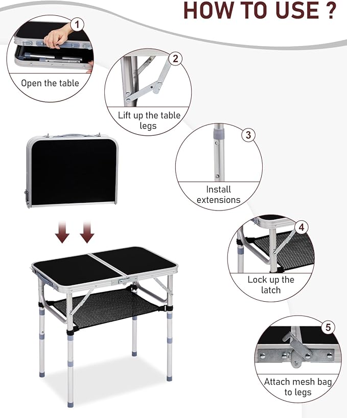 Outvita Folding Table, 2FT Aluminum Camping Table with Storage Adjustable Height Picnic Table Lightweight for Carring Outdoor Party Events Beach