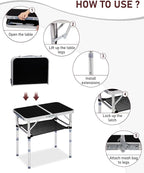 Outvita Folding Table, 2FT Aluminum Camping Table with Storage Adjustable Height Picnic Table Lightweight for Carring Outdoor Party Events Beach