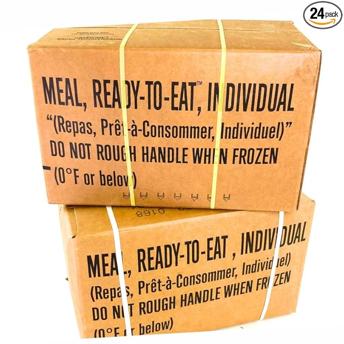 MRE A and B bundle cases 2026, 2027 inspection - Military meals ready to eat, 24 full food packs rations with 1,250 calories per meal and heater for camping
