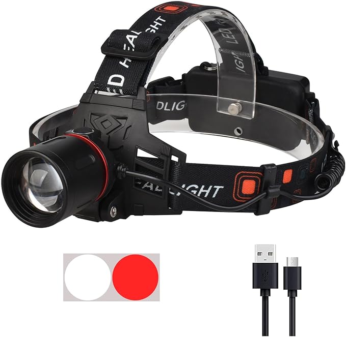 WINDFIRE Rechargeable Headlamp White Red LED Hunting Headlamps Super Bright 4 Modes 90° Adjustable Zoomable Head Lamp for Running Camping Hiking Fishing Night Vision Astronomy