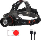WINDFIRE Rechargeable Headlamp White Red LED Hunting Headlamps Super Bright 4 Modes 90° Adjustable Zoomable Head Lamp for Running Camping Hiking Fishing Night Vision Astronomy
