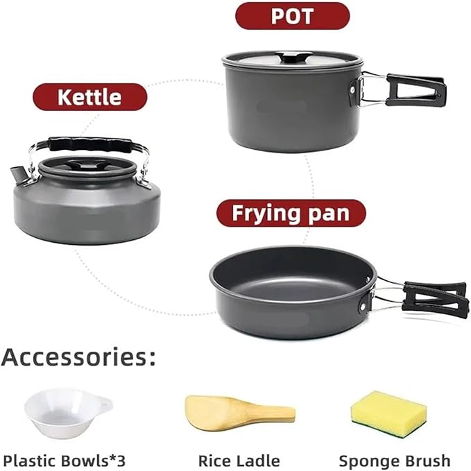 Camping Cookware Set Portable Kit Outdoor Pot Cooking Water Kettle Pan Tableware Hiking Picnic Equipment