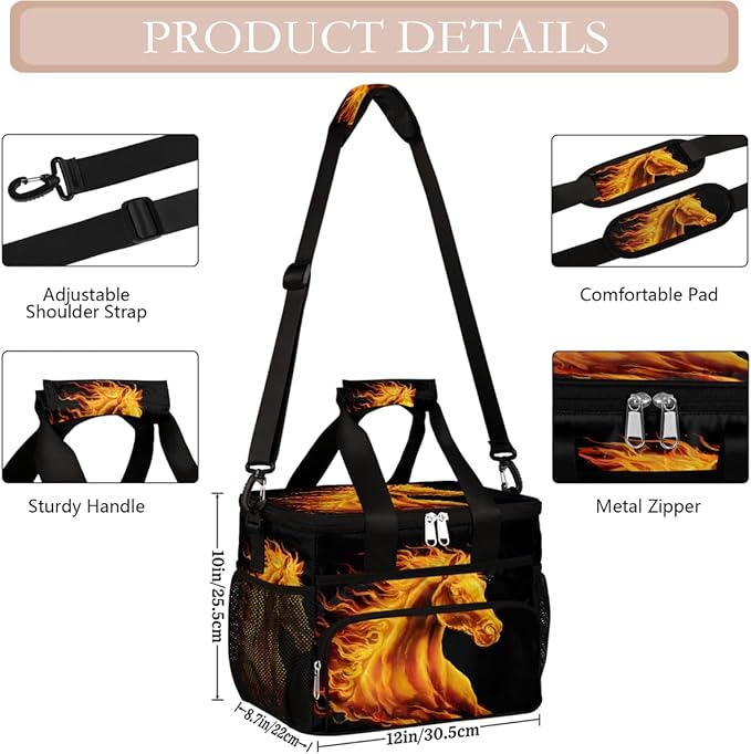 Flame Animals Horse Soft Cooler Bag Insulated Lunch Box for Men & Women, Large Leakproof Lunch Bag Portable Beach Cooler for Work, Picnic, Road Trips,Fishing, Travel, Camping,A-16