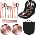 Travel Portable Rose Gold Silverware Set With Case Stainless Steel Camping Flatware Set 11 Piece Modern Cutlery Tableware Utensils Set for Picnic and Other Outdoor Activities Mirror Polished