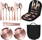 Travel Portable Rose Gold Silverware Set With Case Stainless Steel Camping Flatware Set 11 Piece Modern Cutlery Tableware Utensils Set for Picnic and Other Outdoor Activities Mirror Polished