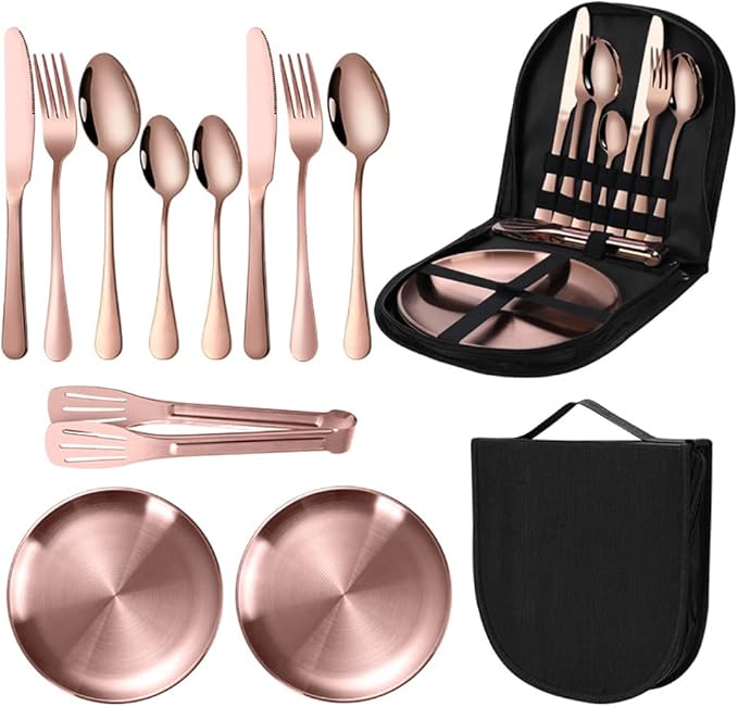 Travel Portable Rose Gold Silverware Set With Case Stainless Steel Camping Flatware Set 11 Piece Modern Cutlery Tableware Utensils Set for Picnic and Other Outdoor Activities Mirror Polished
