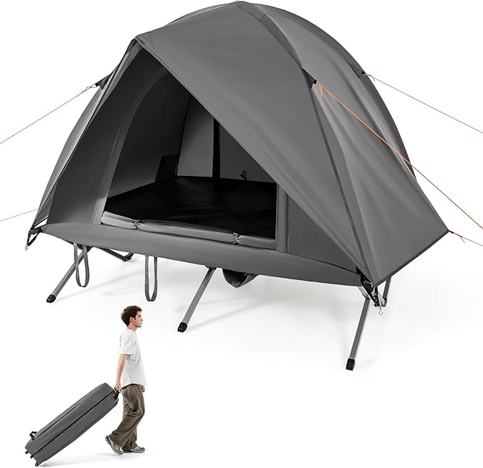 Tangkula 2 Person Tent Cot, Portable Off Ground Elevated Camping Tent with Cot, Removable Rainfly, Wheeled Bag, Stakes & Wind Ropes for Beach, Picnic, Hiking, Travel