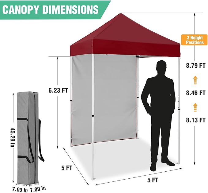 5x5 Pop Up Canopy Tent with One Sidewall, Instant Portable Beach Canopy, Outdoor Tent with Carry Bag for Camping, Sports, Tailgating, Events, Burgundy