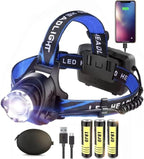 Rechargeable LED Headlamp, USB Input and Output, Super Bright, 3Pcs Battery, 15 Hours Runtime, Perfect for Camping, Fishing, Running, Biking