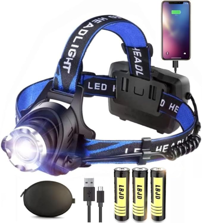 Rechargeable LED Headlamp, USB Input and Output, Super Bright, 3Pcs Battery, 15 Hours Runtime, Perfect for Camping, Fishing, Running, Biking