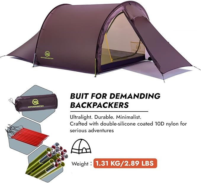 Gale Lite 2 Ultralight 2-Person Tunnel Tent – 2.89 lb, Double Silicone-Coated Fabric, Compact 3-Season Backpacking Shelter – Wine Brown