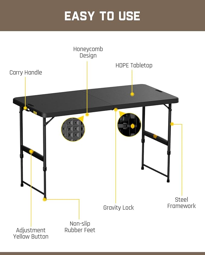 FanttikOutdoor Folding Table 4 Foot, Effortless Quick Adjustable Height Foldable Small Card Table, Fixing Lock, Stable for Party Dining Events Picnic Indoor Outdoor Camping, 1 Pack, Zeta X4 Pro Black