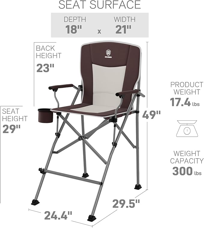 EVER ADVANCED Tall Camping Folding Chair 31", Portable Directors Chair, Bar Height Camping Chair with Carry Bag and Footrest, Armrest, Heavy Duty Supports 300 Lbs Red
