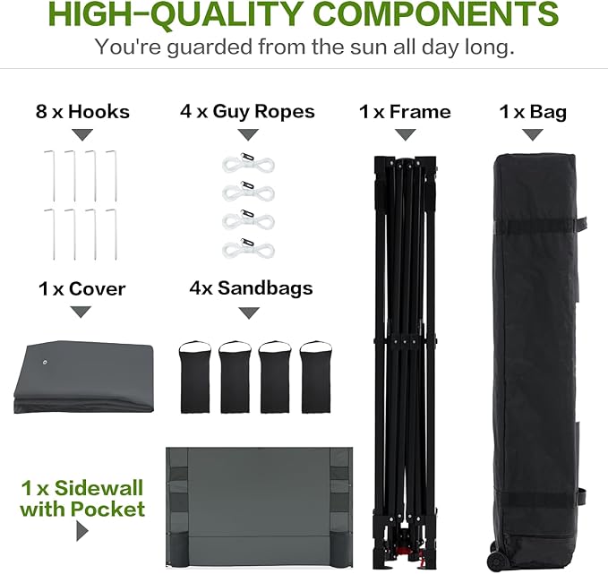 12'x12' Pop Up Canopy Tent with 1 Sidewall and 6 Pockets, One Push Setup, Instant Shade Tent with Vented Roof for Beach Patio Outdoor, Case, 8 Stakes, 4 Ropes, 4 Sandbags (Gray, 12x12)