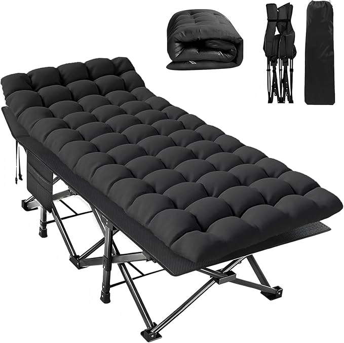 Folding Camping Cot for Adults - Heavy Duty Sleeping Cots with Carry Bag, Double Layer Oxford Portable Travel Camp Cots for Outdoor Camp Beach Home Office (Black Frame with Black Pad, 1PACK)