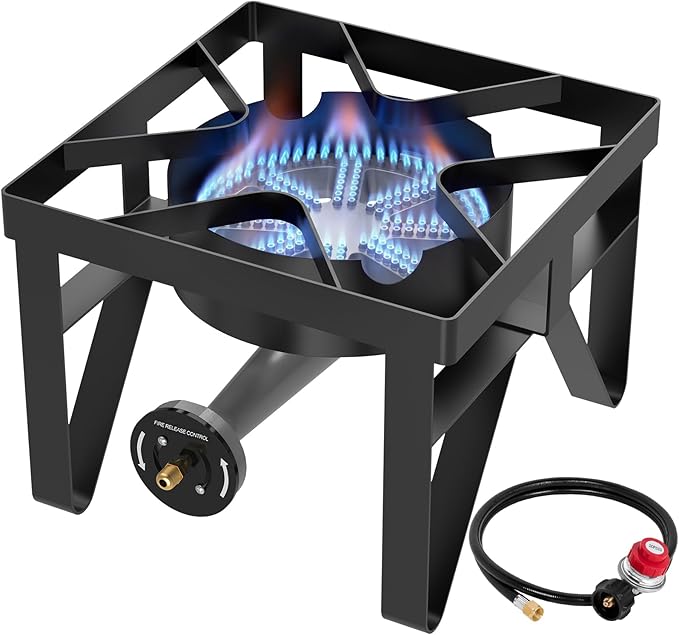 BESTFIRE 200,000 BTU Heavy Duty Propane Burner, High Pressure Outdoor Gas Stove with 0-20 PSI Adjustable Regulator & Hose, Portable Single Burner for Home Brewing, Turkey Fryer, Wok Cooking & Camping
