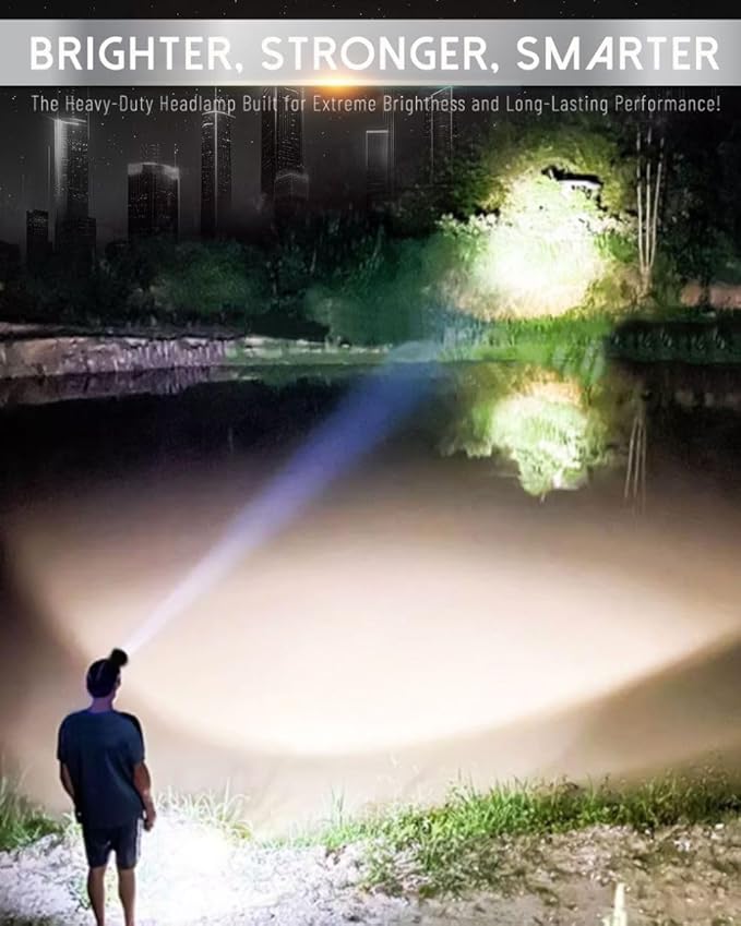 Hunting Headlamp, Super Bright Rechargeable Head Lamp, 8X Brighter LED with Battery Pack & Phone Charger – Ideal for Camping, Fishing, Searching, Emergencies