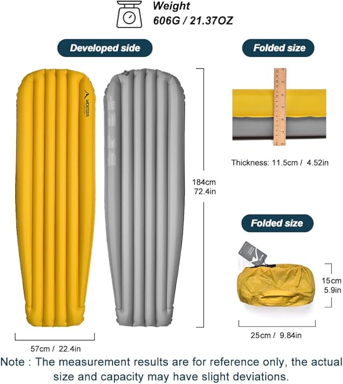 widesea Ultralight Inflatable Sleeping Pad for Backpacking - R-Value 8, 610g Mummy Shape, 183x56cm, Compact 26.5x17cm, 5-Layer Reflective Insulation