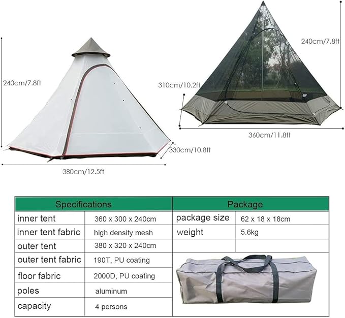 Waterproof Camping Pyramid Teepee Tent Adult Tent Waterproof Double Layers Indian Tent Yurt Tent Tower Post Bell Tent for Outdoor Family Trip
