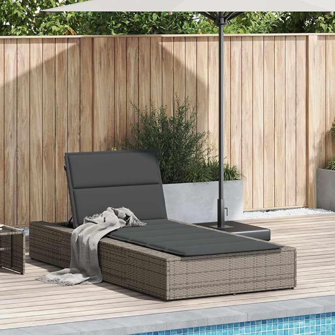 Sunbed with Floating Cushion Gray Poly Rattanrecliner Camping Chairs Tanning Chair Patio Suitable for Garden Courtyard