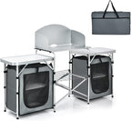 GYMAX Folding Camping Table, Portable Kitchen Table with 2 Zipper Organizer Shelf & Wind Screen, Foldable Cooking Table for Camping Hiking Picnic BBQ (Grey)