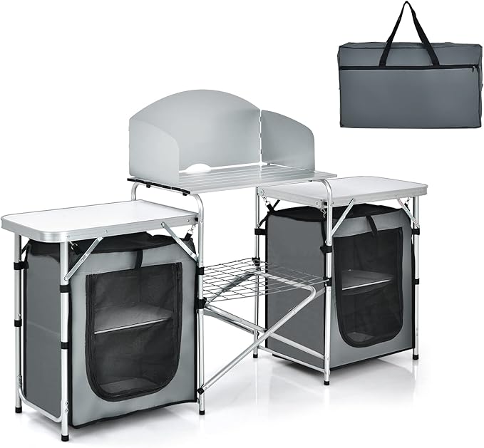 GYMAX Folding Camping Table, Portable Kitchen Table with 2 Zipper Organizer Shelf & Wind Screen, Foldable Cooking Table for Camping Hiking Picnic BBQ (Grey)
