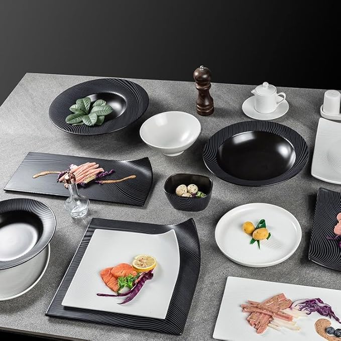 Ceramic Tableware Hotel Restaurant Black and White Grain Plate Vertical Stripes Private Room Dishes