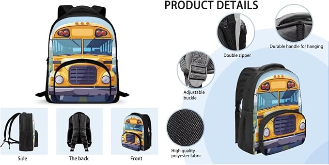 School Bus School Backpack for Boys 6-8 Kindergarten Book Bag with Lunch Box and Pencil Pouch Casual Daypack Laptop Backpacks Camping Travel Outdoor Kids Shoulder Bag