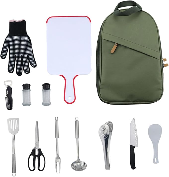 Portable Camping Cookware Set with Storage Bag Outdoor Tableware Kit for Hiking Picnics Includes Utensils and Cookware for Camping Supplies Olive Green