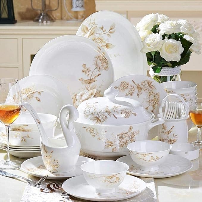 Dinner Set,50 Pieces Spring Flower Pattern Ceramics Dinnerware Set Bone China Plates Bowls Combination Porcelain Tableware