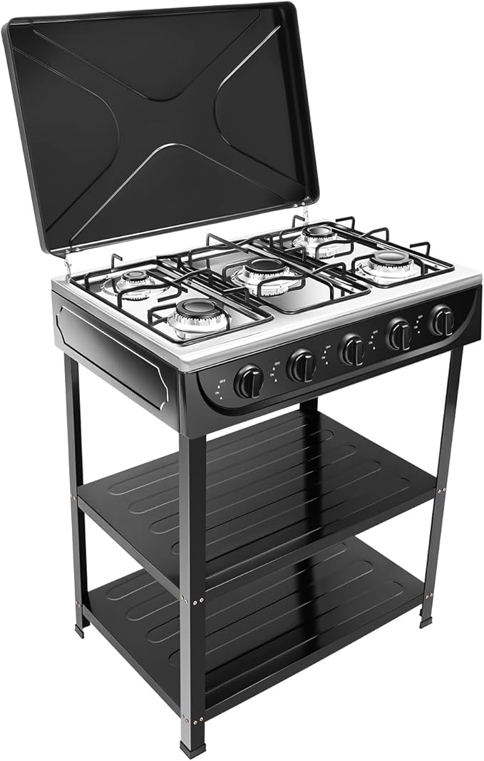 Gas Stove Outdoor Camping Stove, Portable 5-Burner Propane Stove Stand, Freestanding Rectangular Gas Cooktop, Cooking Stove for Rv Apartment Outdoor
