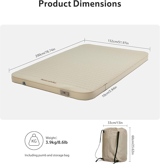 Naturehike 3.94’’ Thick Self Inflating Sleeping Pad with Built in Electric Pump, Double Foam Camping Mattress 2 Person, Camping Sleeping Pad for Tent, Car, Truck (Double)