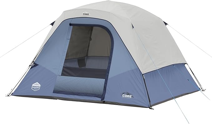 CORE 6 Person Lighted Dome Tent for Outdoor Family, Hiking, and Backpacking | Portable Dome Camp Tent with Storage Pockets for Camping Accessories