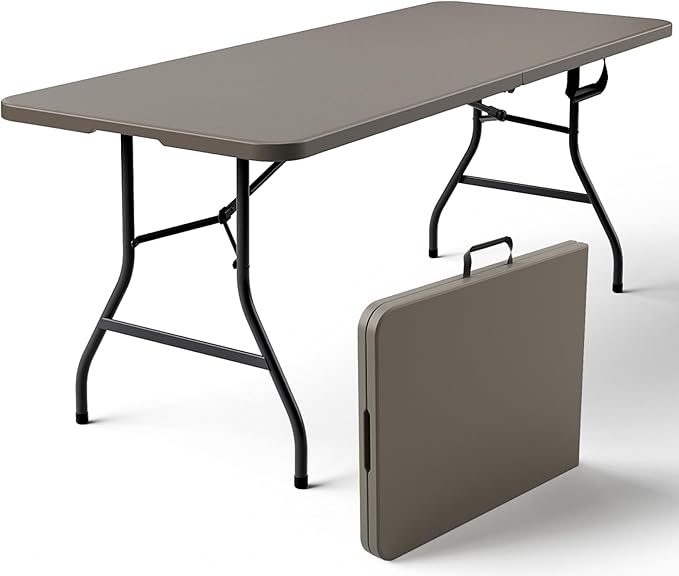 Folding Table 6FT Heavy Duty Plastic Table with Handle, Foldable&Portable, Fold-in-Half Utility Tables for Outdoor, Dining, Wedding, Events, Indoor, Picnic, Camping, Party,Khaki